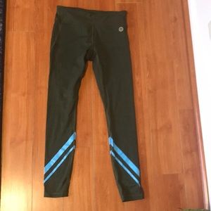 Tory Sport forest green leggings, sky blue accent